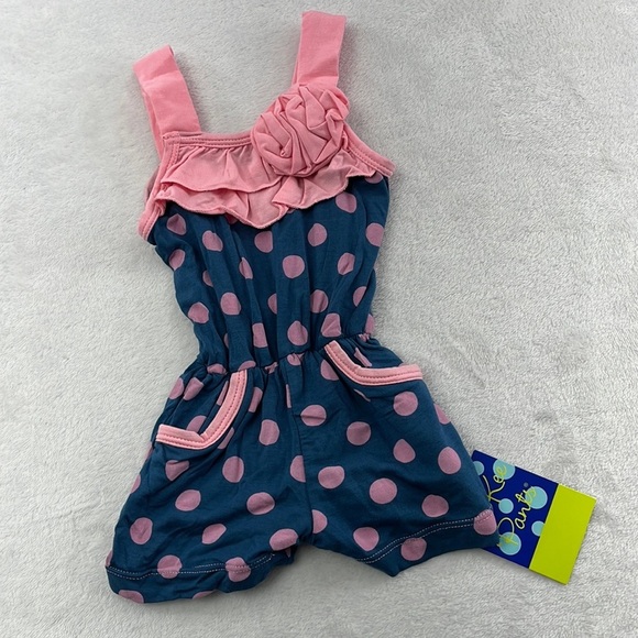 NWT Kickee‎ Pants Bamboo 3-6 Mos Blue Pink Ruffle Floral Romper Polka Dot - Picture 1 of 5